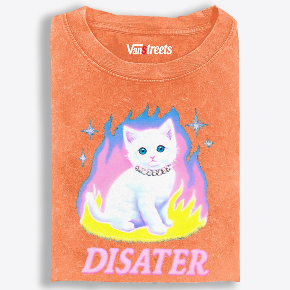 Pink Flame Y2K Disaster Cat Retro Washed T-Shirt | 100% Cotton | Streetwear Essential