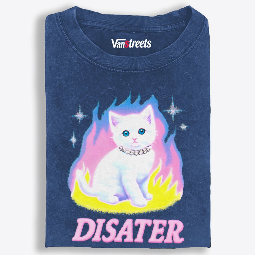 Pink Flame Y2K Disaster Cat Retro Washed T-Shirt | 100% Cotton | Streetwear Essential