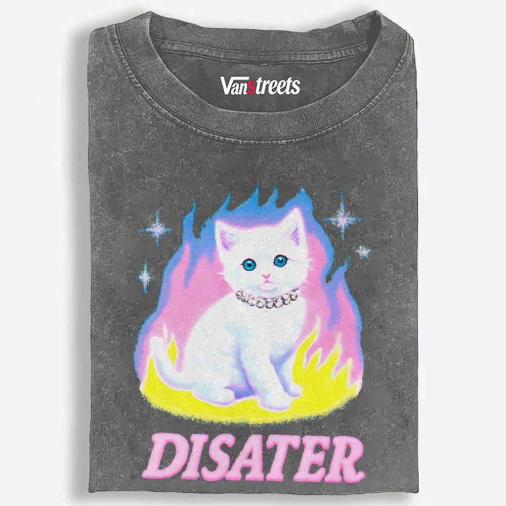 Pink Flame Y2K Disaster Cat Retro Washed T-Shirt | 100% Cotton | Streetwear Essential