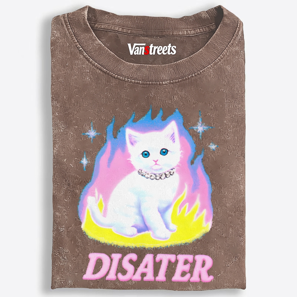 Pink Flame Y2K Disaster Cat Retro Washed T-Shirt | 100% Cotton | Streetwear Essential