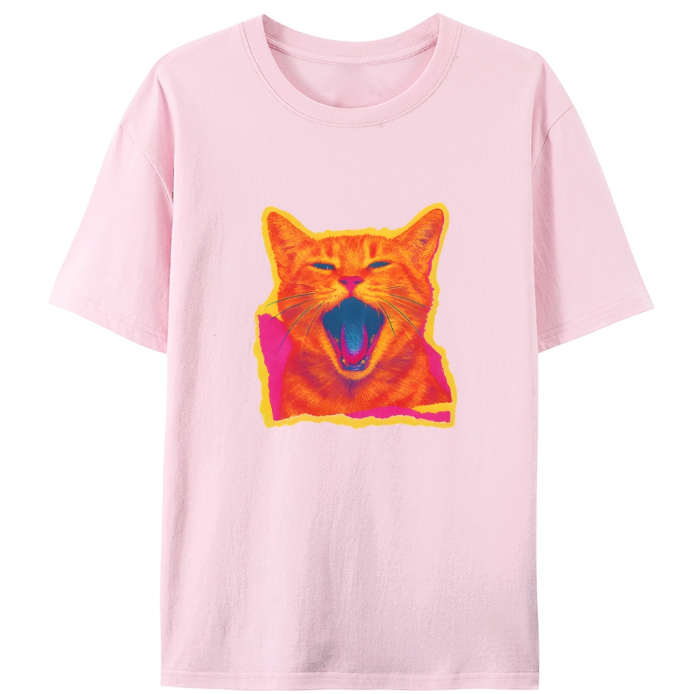 Neon Yawn Orange Cat Retro Designed for Women - Slim Fit Cotton Tee
