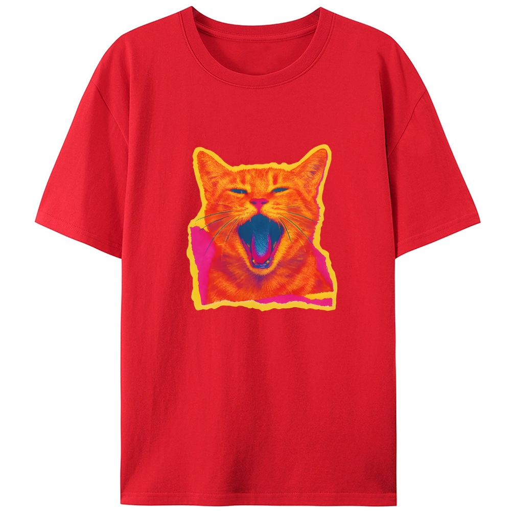 Neon Yawn Orange Cat Retro Designed for Women - Slim Fit Cotton Tee