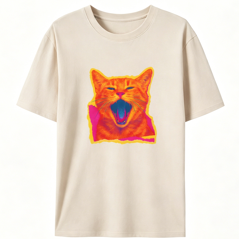 Neon Yawn Orange Cat Retro Designed for Women - Slim Fit Cotton Tee