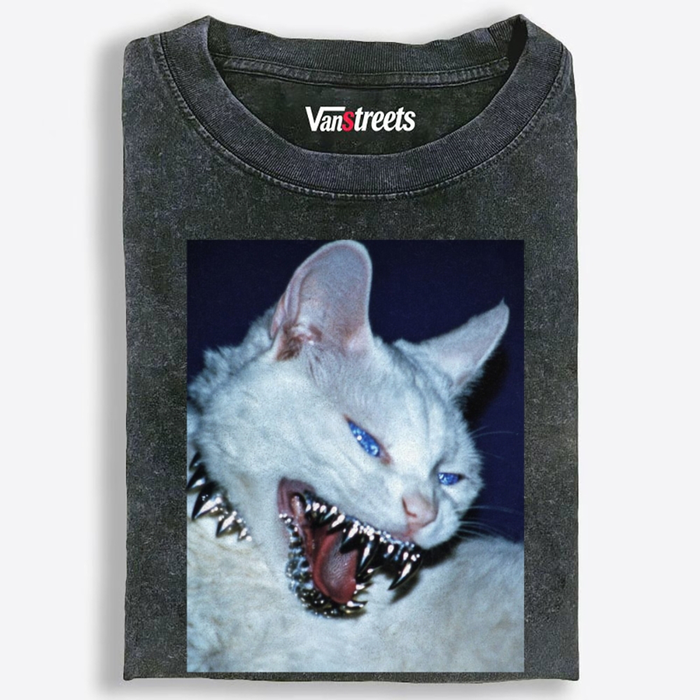 Blue Eyed Hardcore Spiky Cat Retro Washed T-Shirt | 100% Cotton | Streetwear Essential