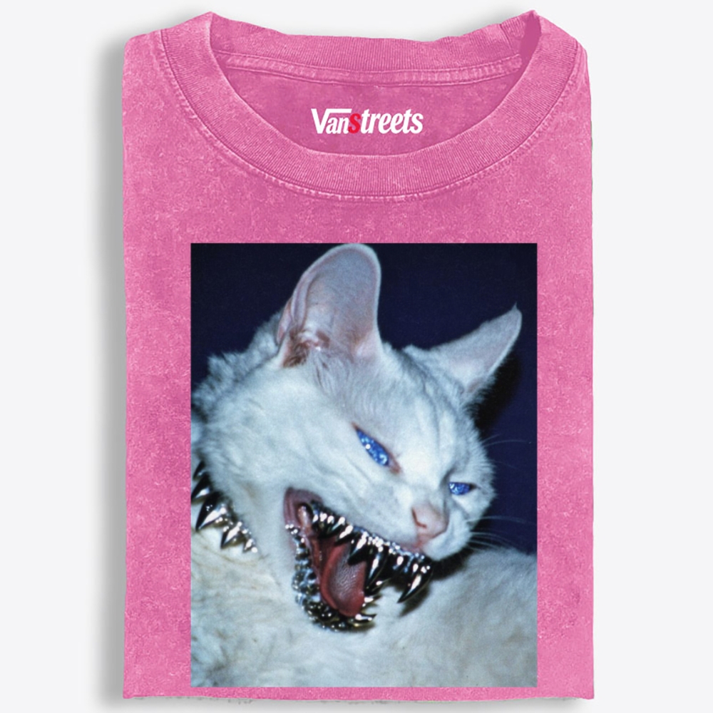 Blue Eyed Hardcore Spiky Cat Retro Washed T-Shirt | 100% Cotton | Streetwear Essential