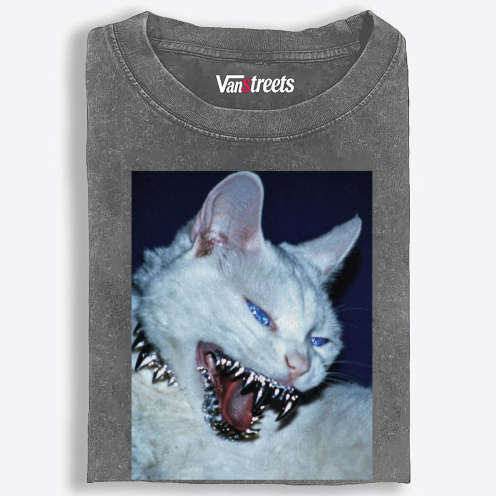 Blue Eyed Hardcore Spiky Cat Retro Washed T-Shirt | 100% Cotton | Streetwear Essential