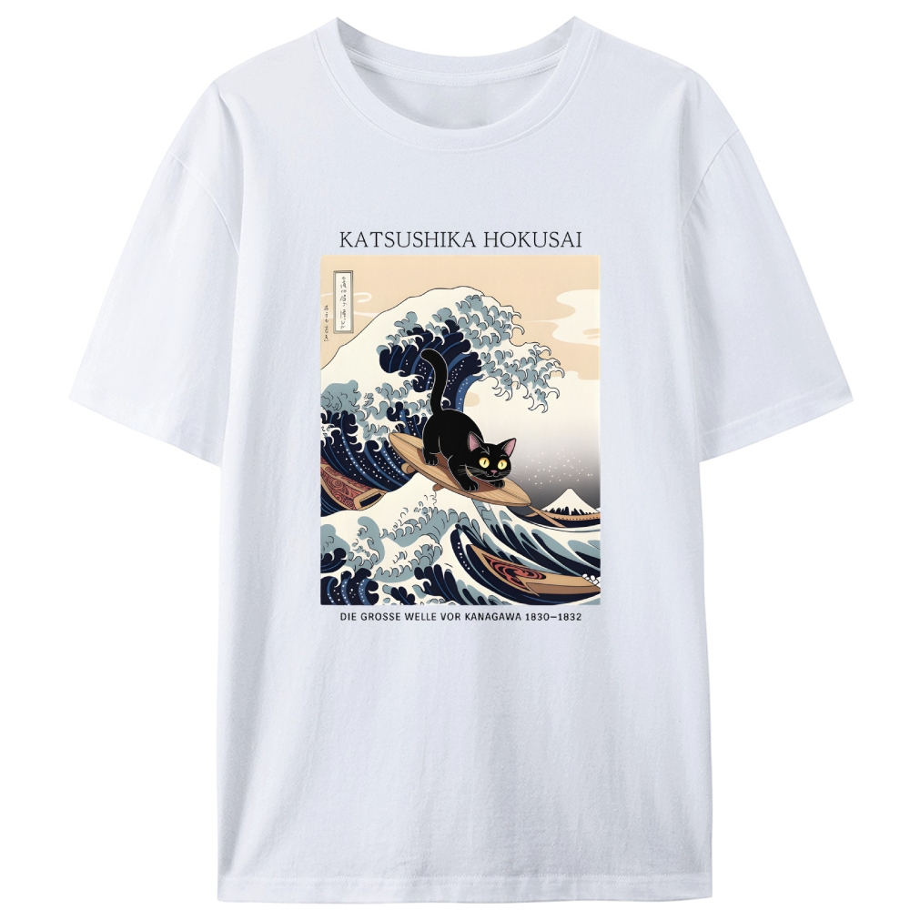 Black Cat Surfing the Great Wave Retro Designed for Women - Slim Fit Cotton Tee