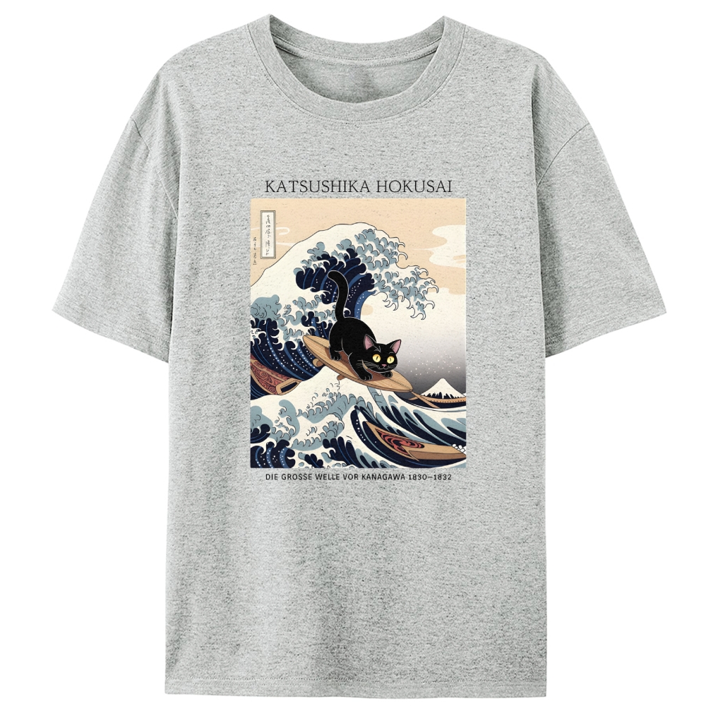 Black Cat Surfing the Great Wave Retro Designed for Women - Slim Fit Cotton Tee
