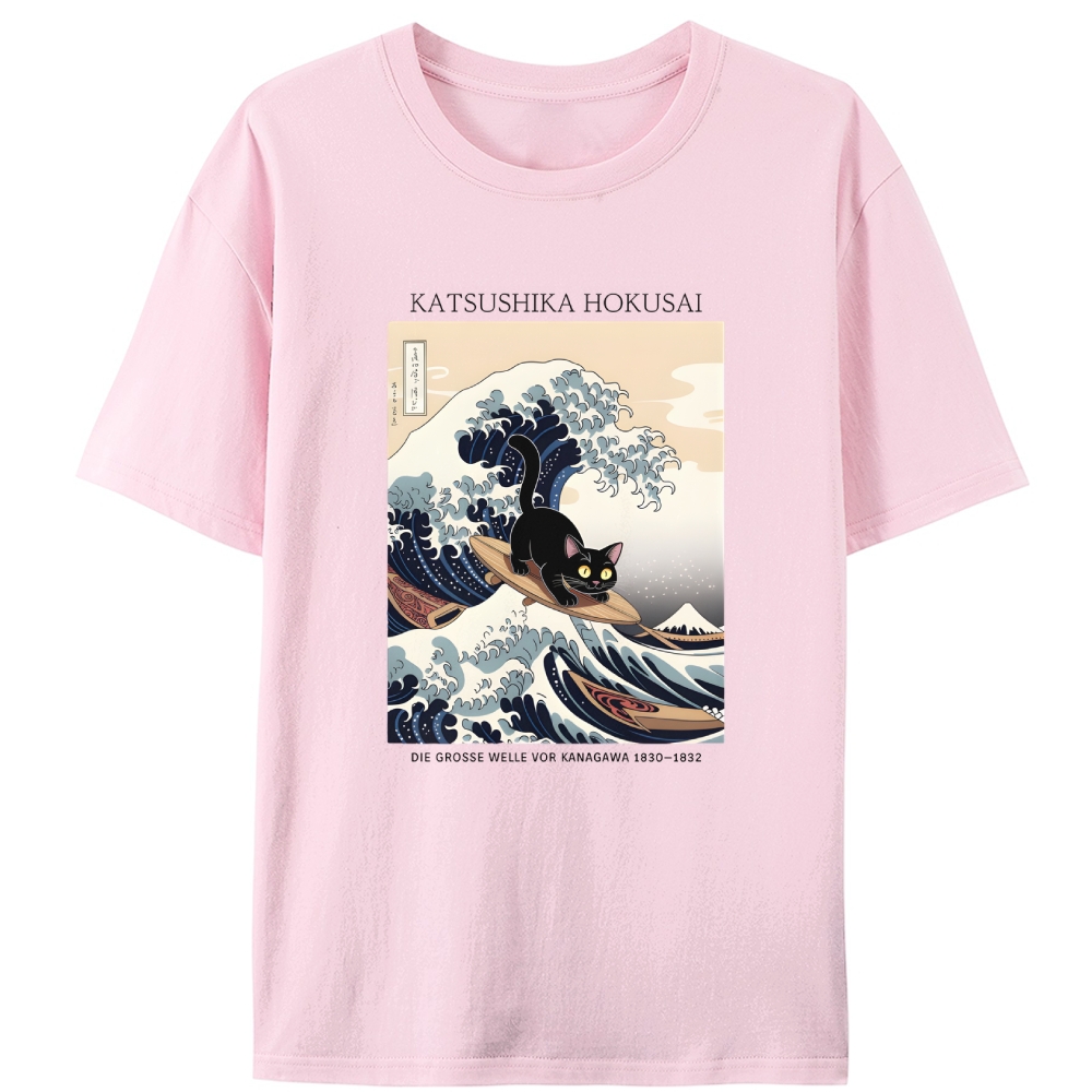 Black Cat Surfing the Great Wave Retro Designed for Women - Slim Fit Cotton Tee