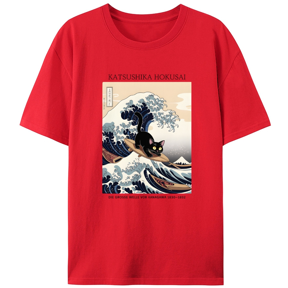 Black Cat Surfing the Great Wave Retro Designed for Women - Slim Fit Cotton Tee