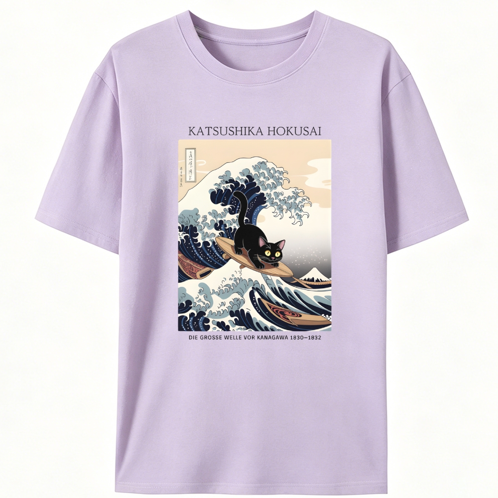 Black Cat Surfing the Great Wave Retro Designed for Women - Slim Fit Cotton Tee