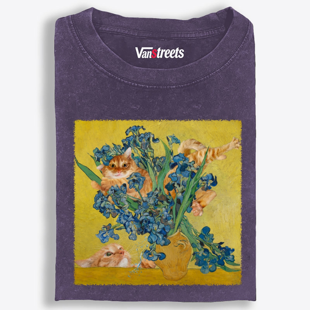 Messy Orange Cats In Van Gogh Iris Painting Retro Washed T-Shirt | 100% Cotton | Streetwear Essential