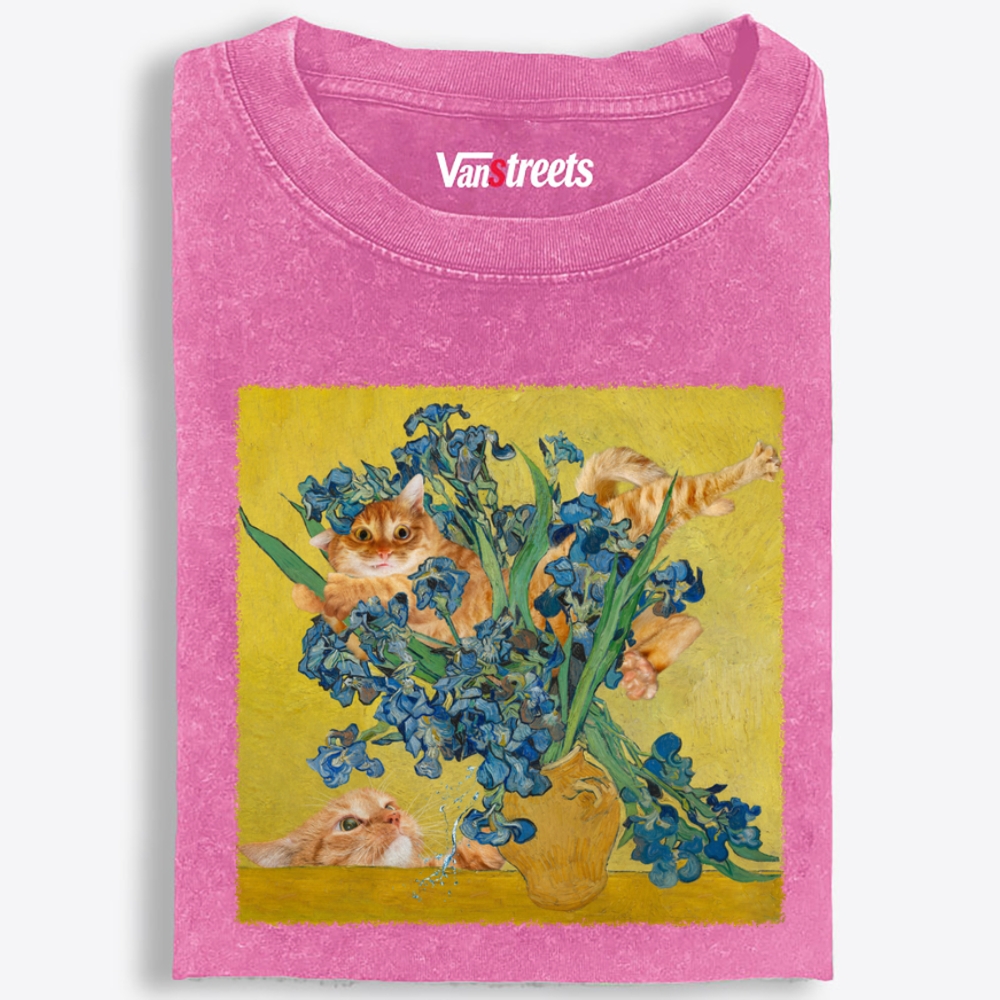 Messy Orange Cats In Van Gogh Iris Painting Retro Washed T-Shirt | 100% Cotton | Streetwear Essential