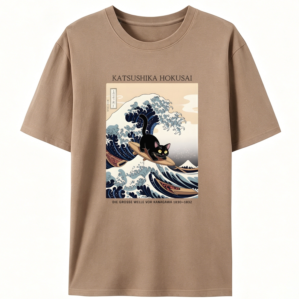 Black Cat Surfing the Great Wave Retro Designed for Women - Slim Fit Cotton Tee