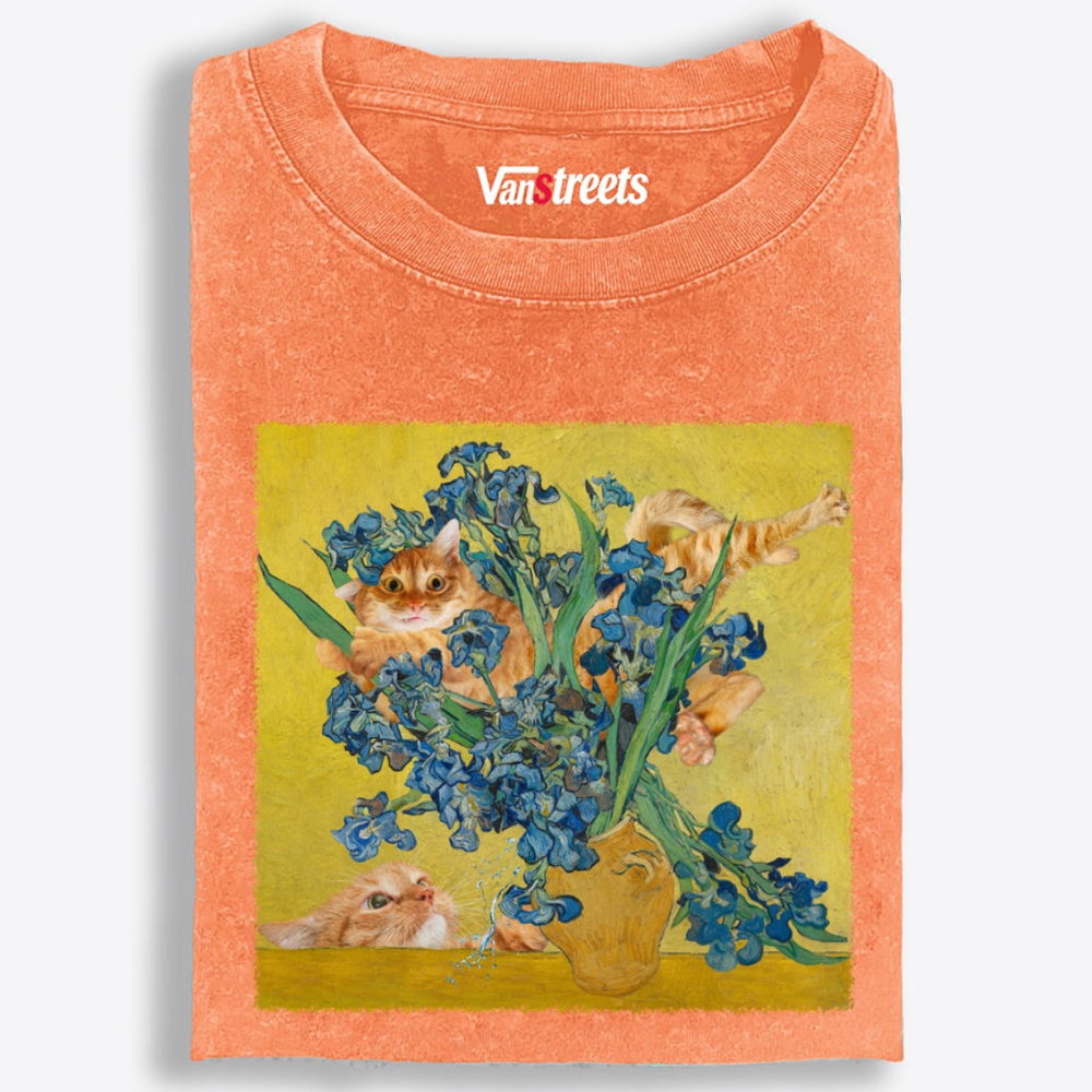 Messy Orange Cats In Van Gogh Iris Painting Retro Washed T-Shirt | 100% Cotton | Streetwear Essential