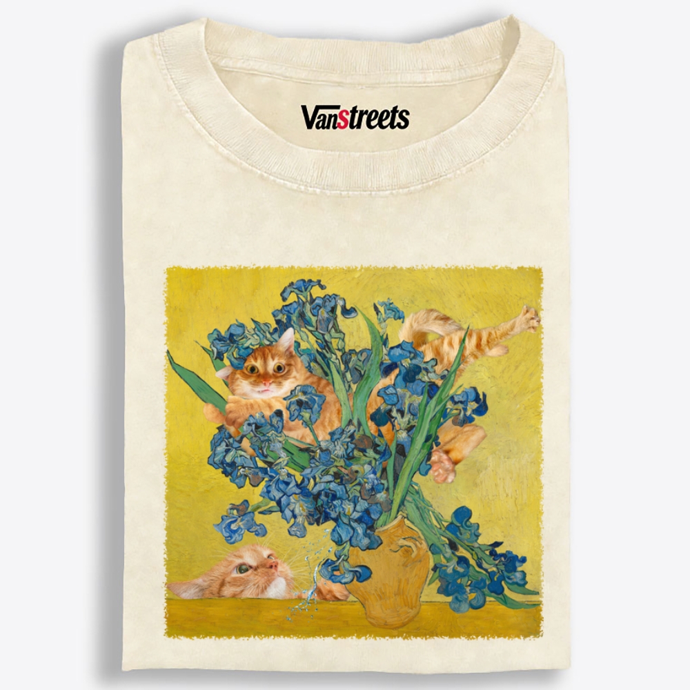 Messy Orange Cats In Van Gogh Iris Painting Retro Washed T-Shirt | 100% Cotton | Streetwear Essential