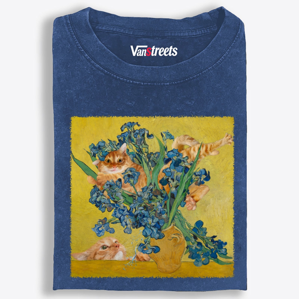 Messy Orange Cats In Van Gogh Iris Painting Retro Washed T-Shirt | 100% Cotton | Streetwear Essential