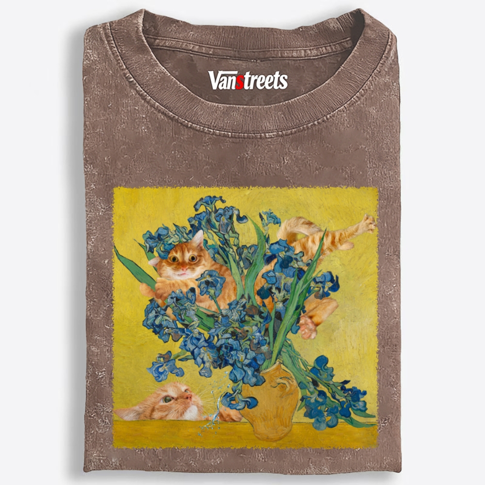 Messy Orange Cats In Van Gogh Iris Painting Retro Washed T-Shirt | 100% Cotton | Streetwear Essential