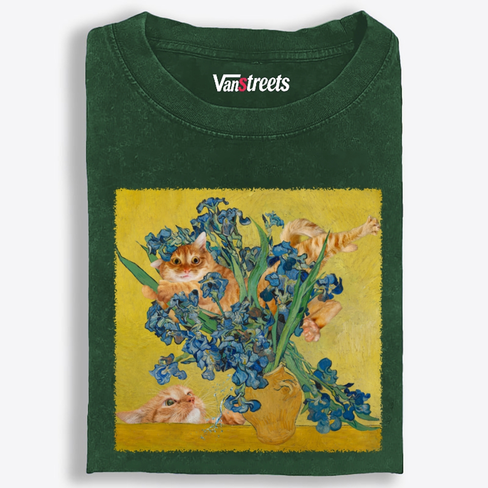 Messy Orange Cats In Van Gogh Iris Painting Retro Washed T-Shirt | 100% Cotton | Streetwear Essential