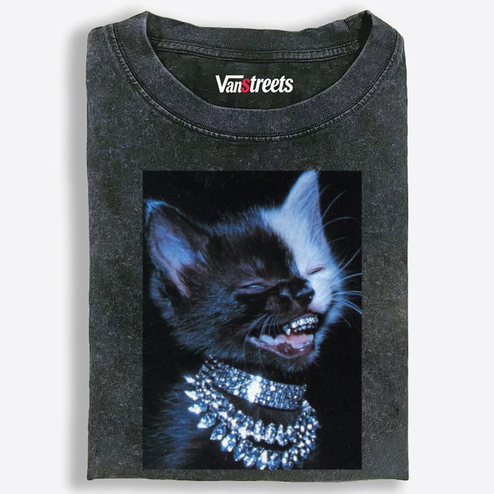 Grillz Bling Tuxedo Cat Retro Washed T-Shirt | 100% Cotton | Streetwear Essential
