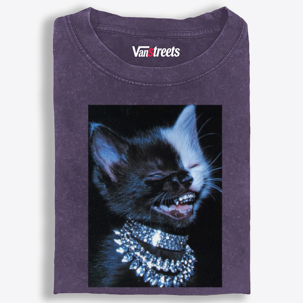 Grillz Bling Tuxedo Cat Retro Washed T-Shirt | 100% Cotton | Streetwear Essential