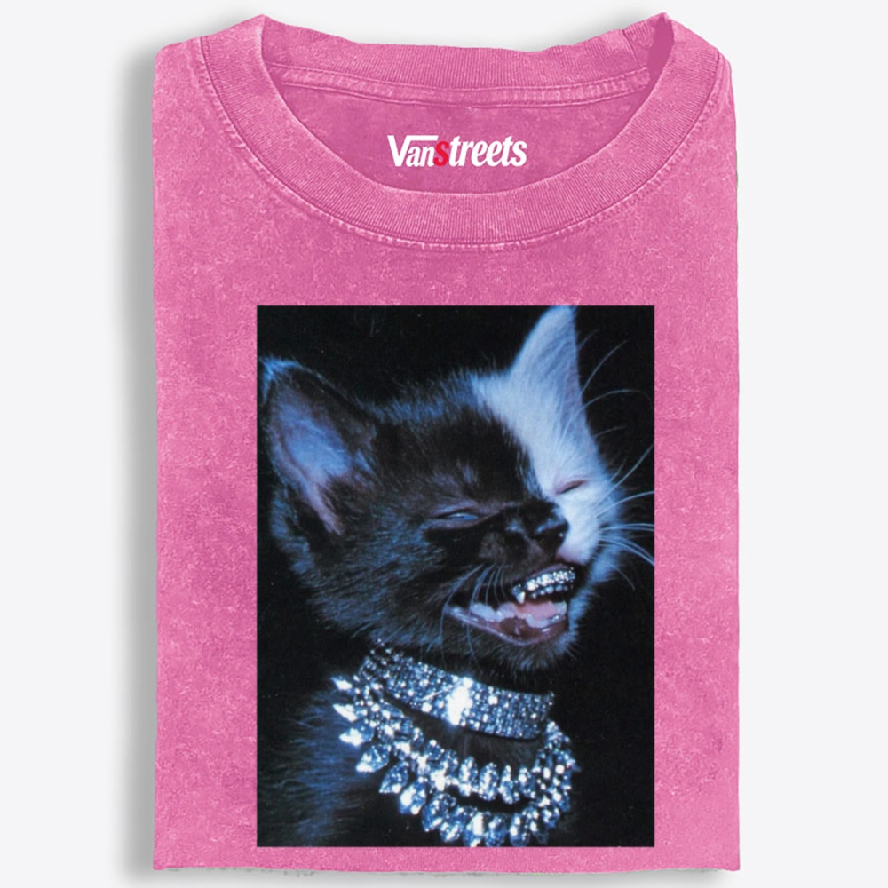 Grillz Bling Tuxedo Cat Retro Washed T-Shirt | 100% Cotton | Streetwear Essential