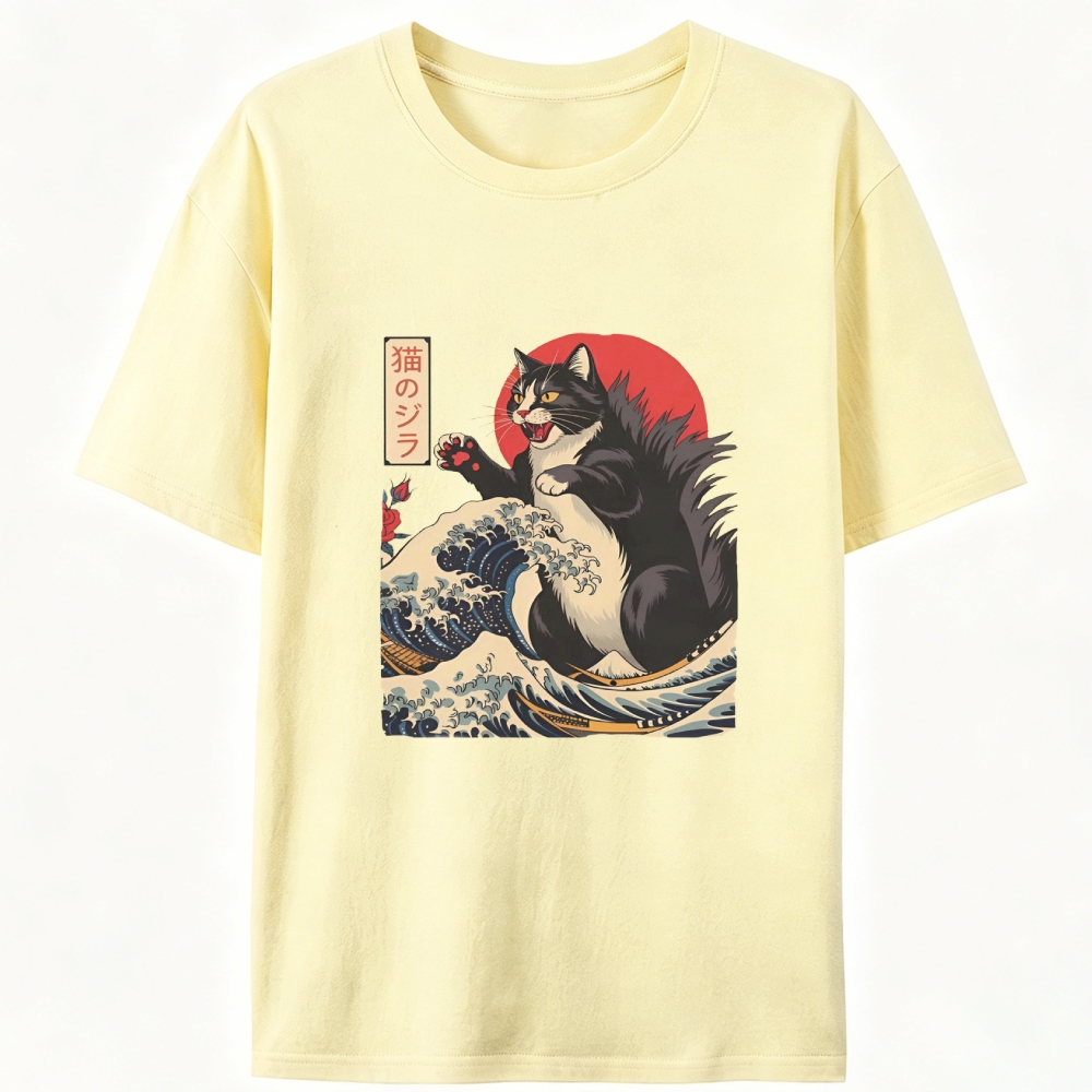 Ukiyo-e Godzilla Cat Retro Designed for Women - Slim Fit Cotton Tee