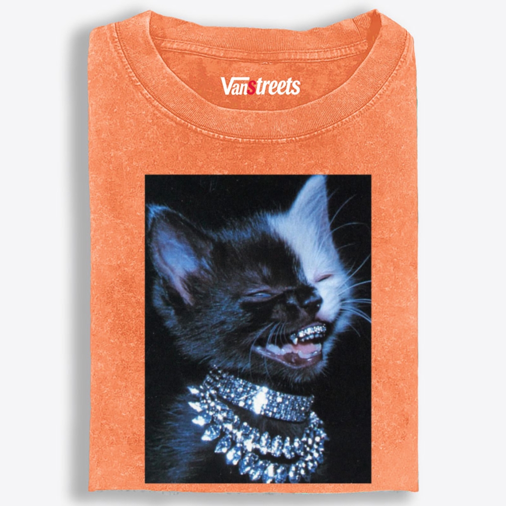 Grillz Bling Tuxedo Cat Retro Washed T-Shirt | 100% Cotton | Streetwear Essential