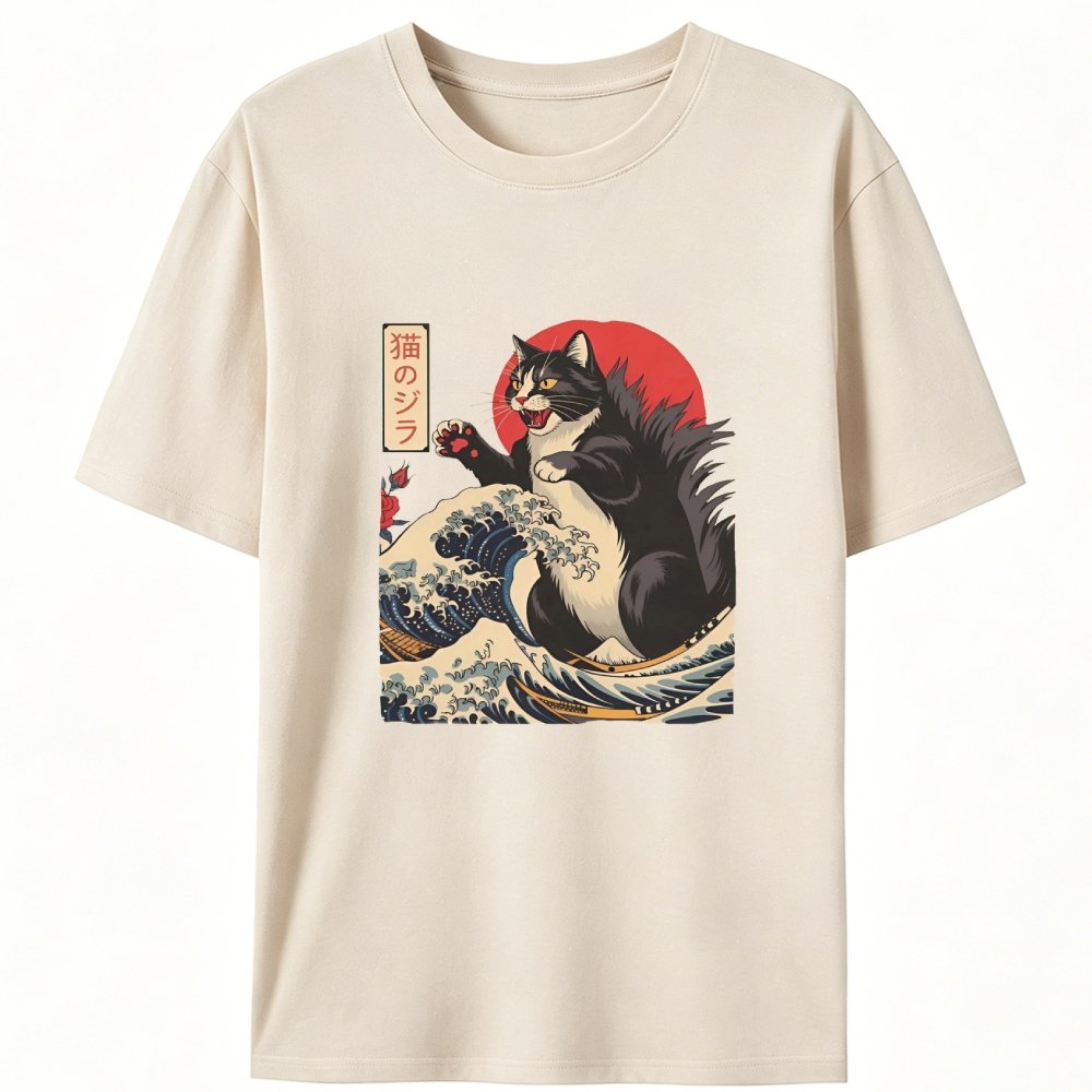 Ukiyo-e Godzilla Cat Retro Designed for Women - Slim Fit Cotton Tee