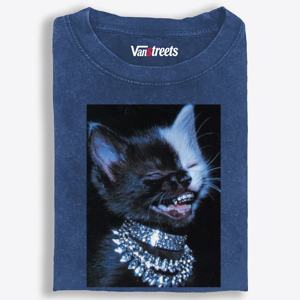 Grillz Bling Tuxedo Cat Retro Washed T-Shirt | 100% Cotton | Streetwear Essential