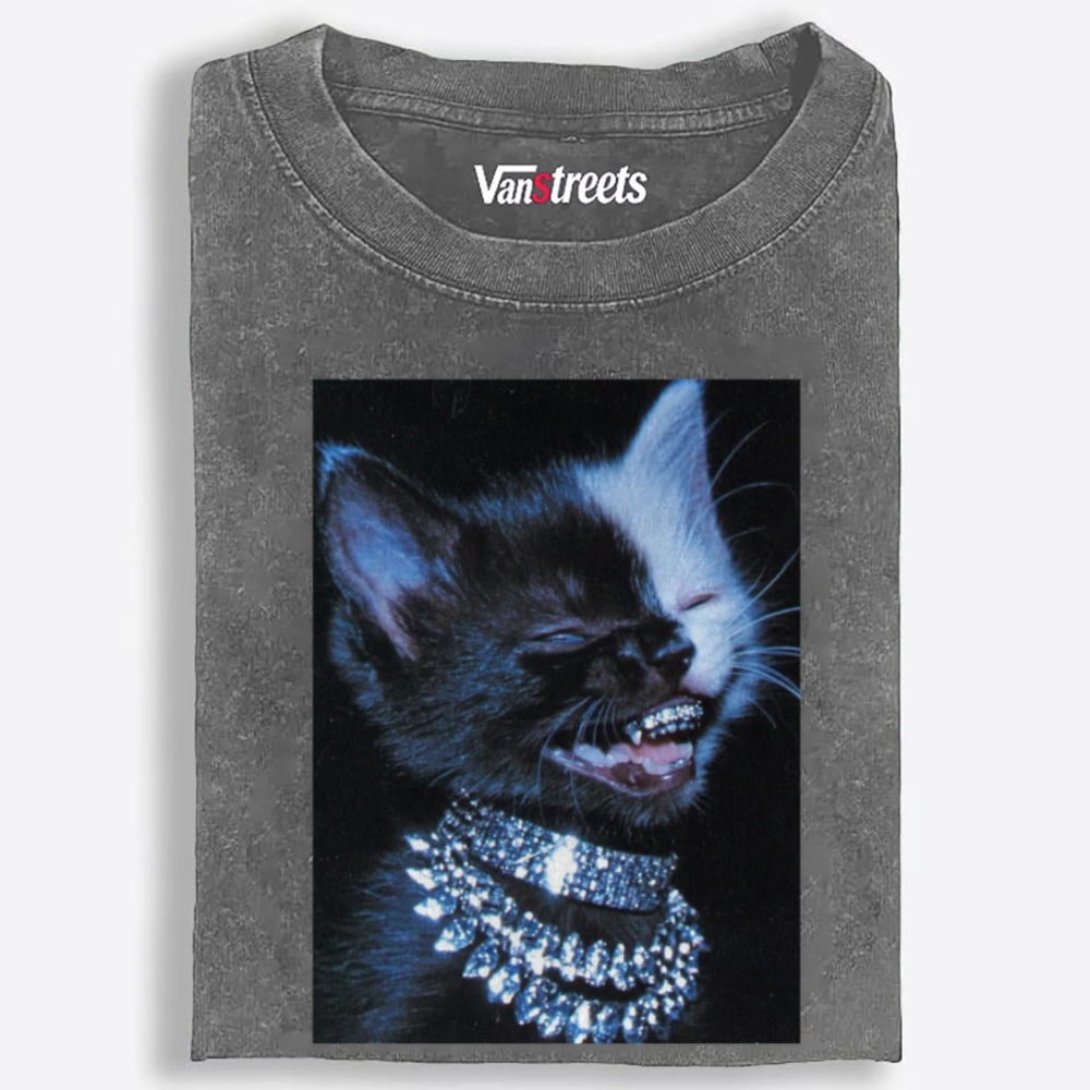 Grillz Bling Tuxedo Cat Retro Washed T-Shirt | 100% Cotton | Streetwear Essential