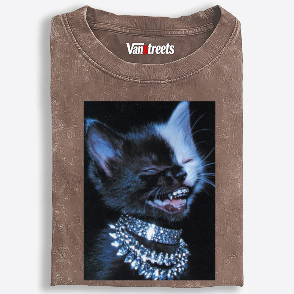 Grillz Bling Tuxedo Cat Retro Washed T-Shirt | 100% Cotton | Streetwear Essential