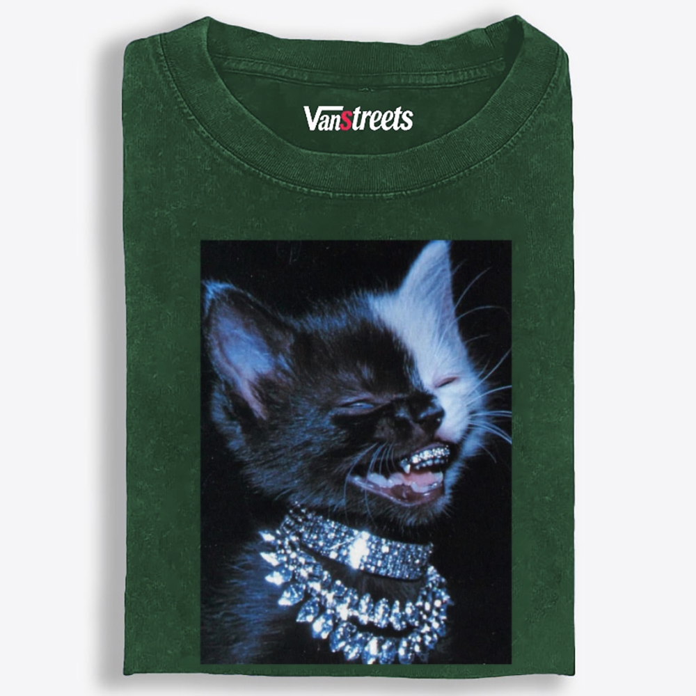 Grillz Bling Tuxedo Cat Retro Washed T-Shirt | 100% Cotton | Streetwear Essential
