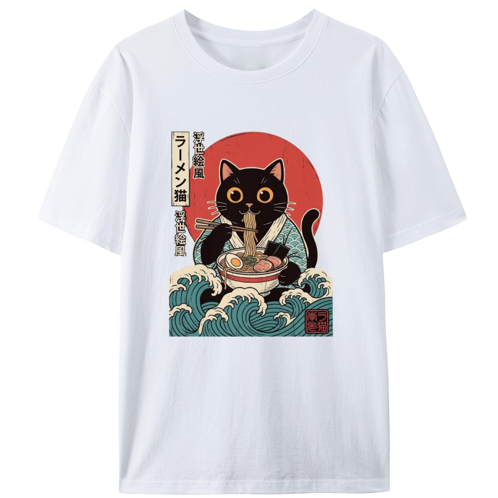 Ukiyo-e Ramen Cat Retro Designed for Women - Slim Fit Cotton Tee