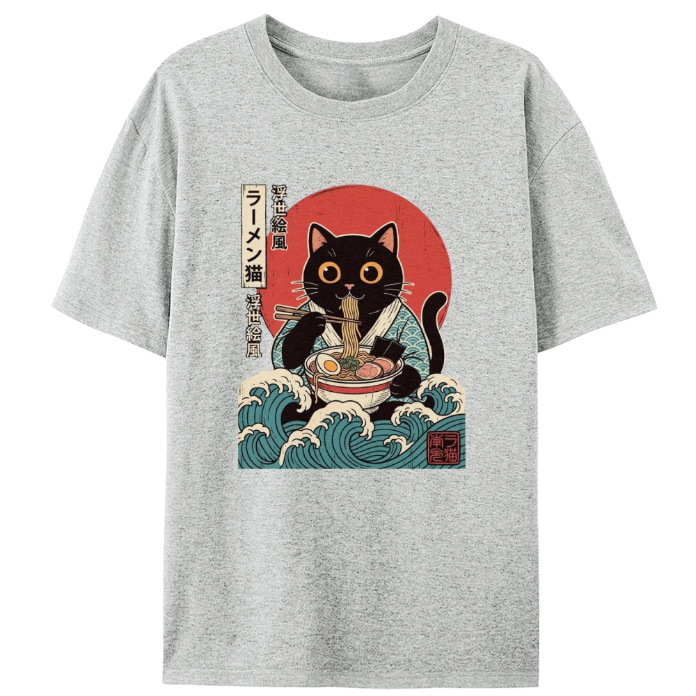 Ukiyo-e Ramen Cat Retro Designed for Women - Slim Fit Cotton Tee