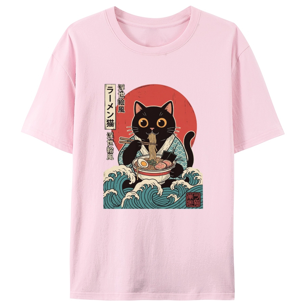 Ukiyo-e Ramen Cat Retro Designed for Women - Slim Fit Cotton Tee