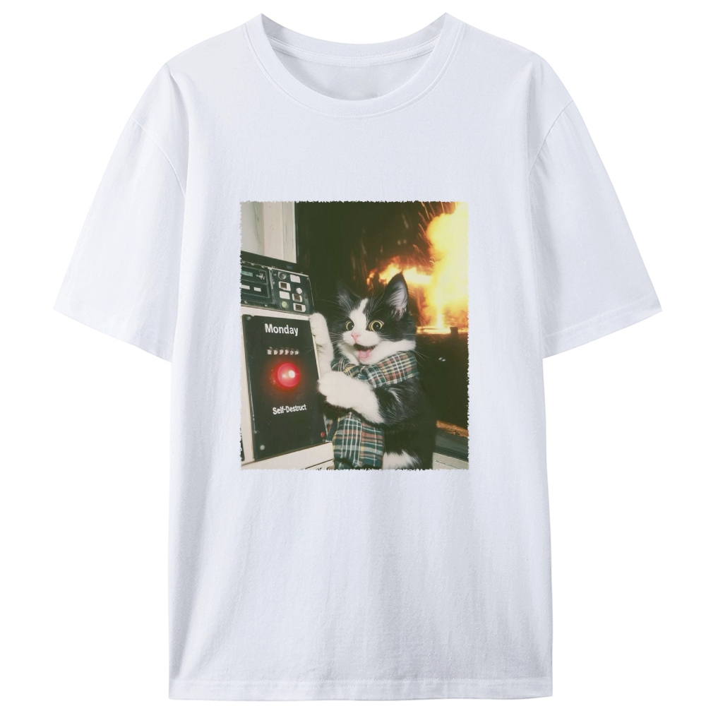 Monday Self-Destruct Cat Retro Designed for Women - Slim Fit Cotton Tee
