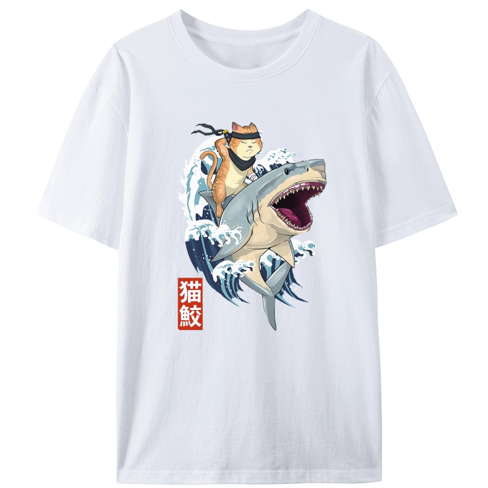 Ninja Cat Riding Shark Retro Designed for Women - Slim Fit Cotton Tee