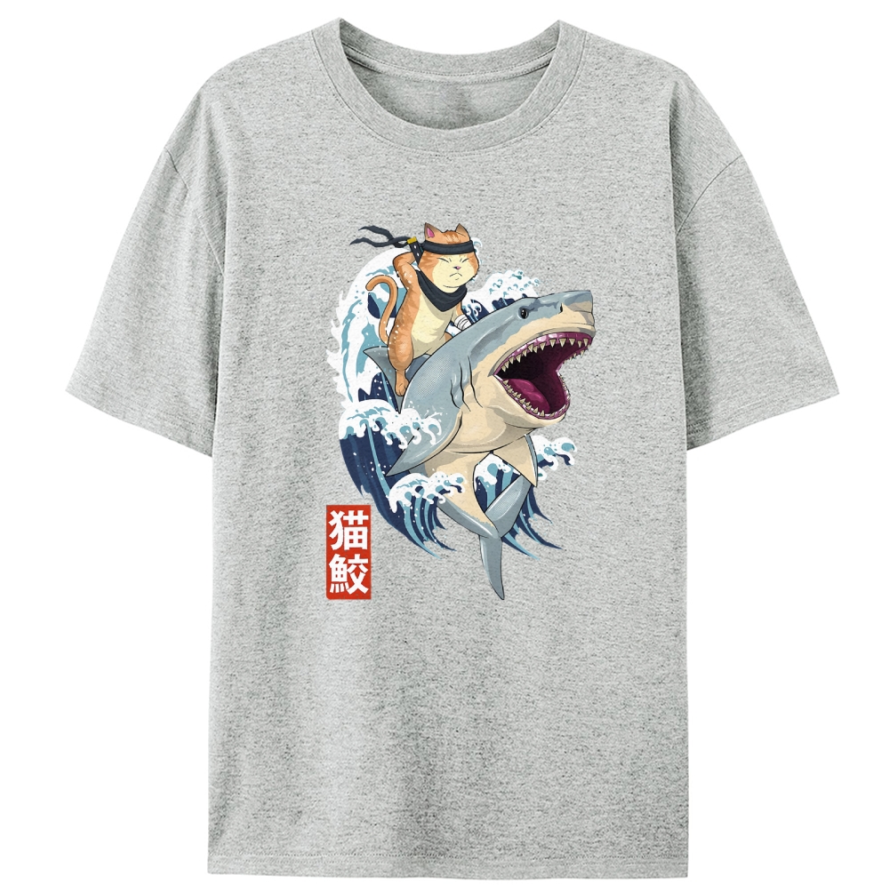 Ninja Cat Riding Shark Retro Designed for Women - Slim Fit Cotton Tee
