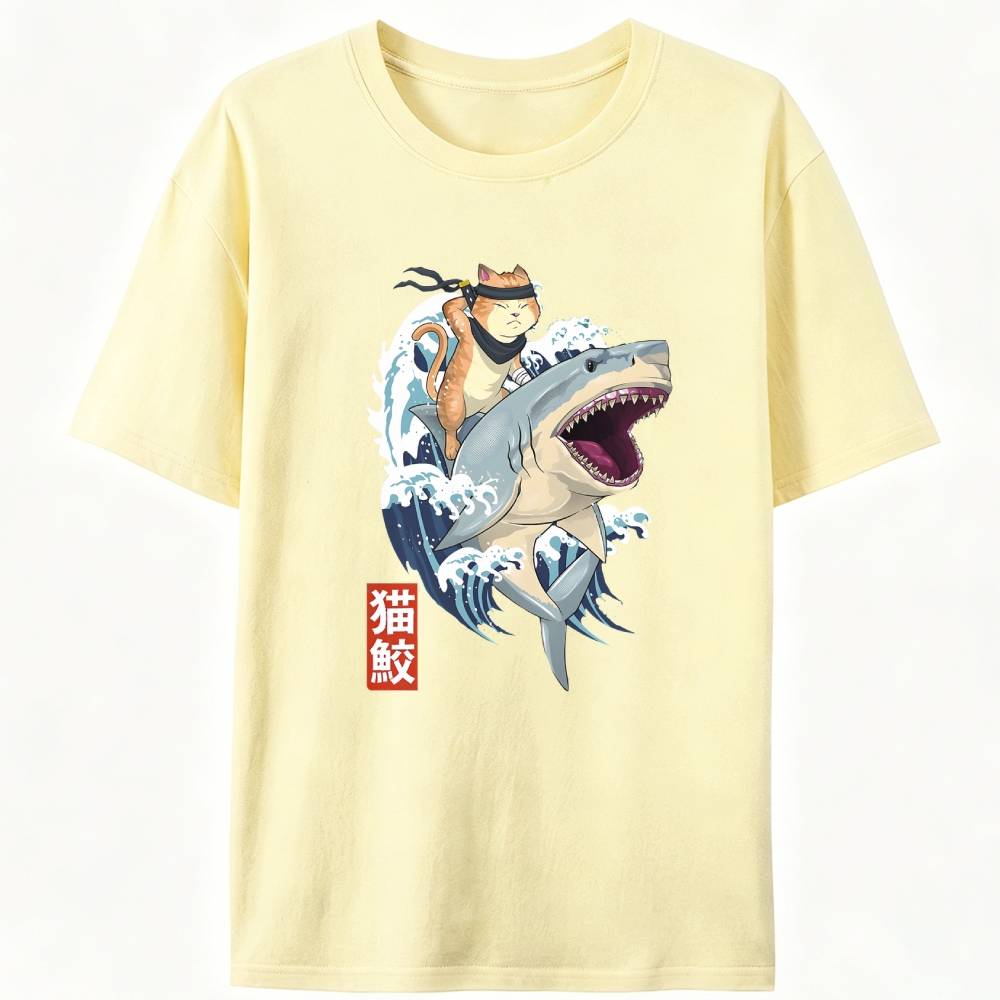 Ninja Cat Riding Shark Retro Designed for Women - Slim Fit Cotton Tee