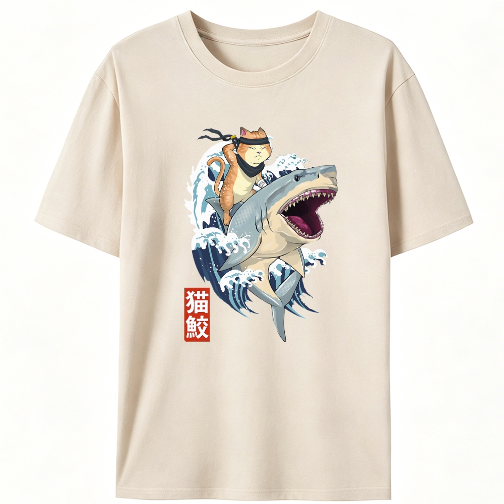 Ninja Cat Riding Shark Retro Designed for Women - Slim Fit Cotton Tee