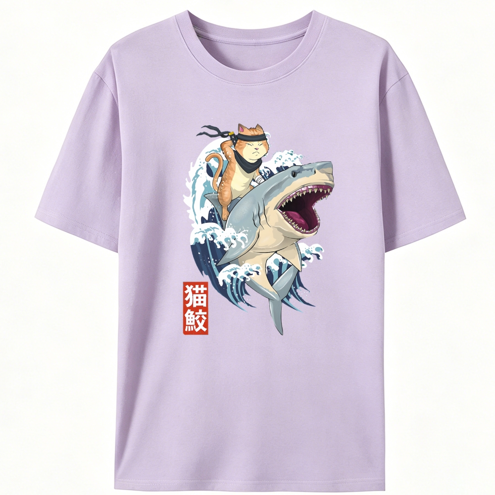 Ninja Cat Riding Shark Retro Designed for Women - Slim Fit Cotton Tee
