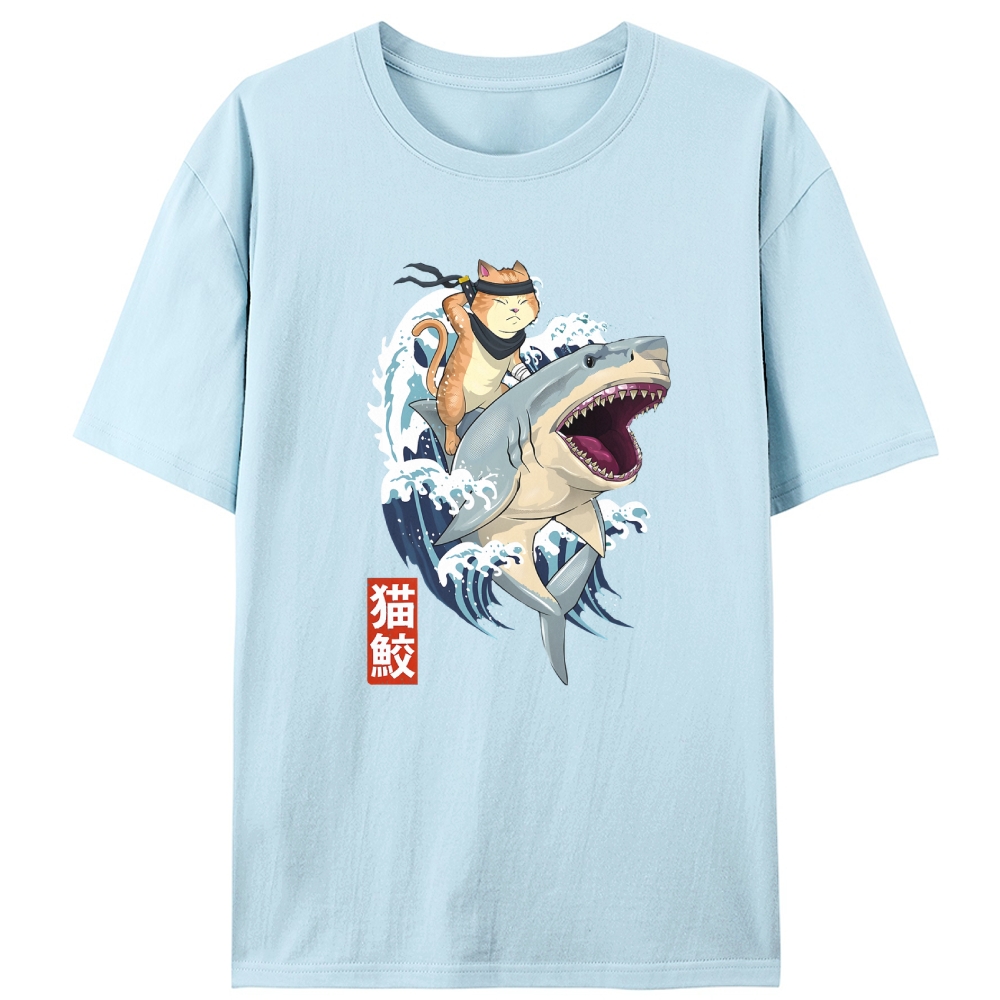 Ninja Cat Riding Shark Retro Designed for Women - Slim Fit Cotton Tee