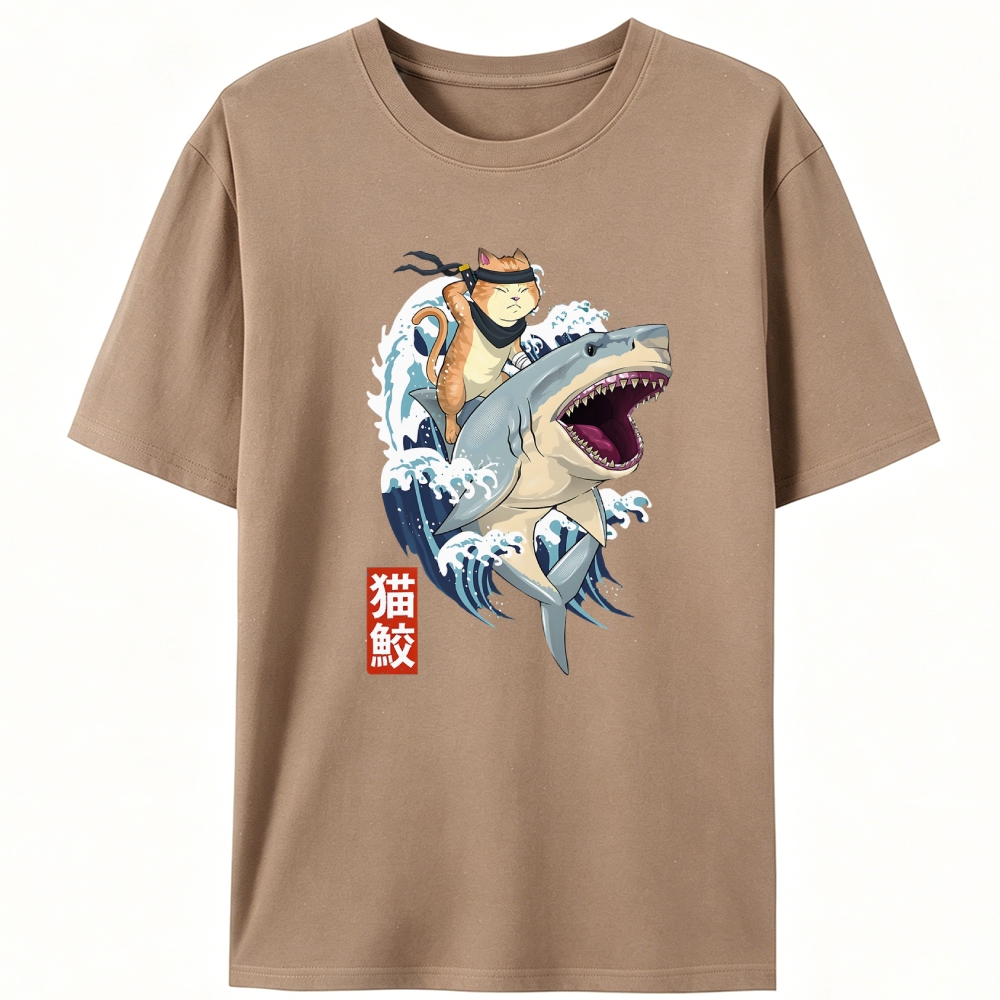 Ninja Cat Riding Shark Retro Designed for Women - Slim Fit Cotton Tee