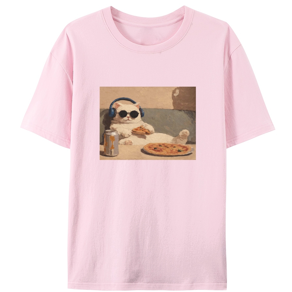 Chill Pizza Cat Retro Designed for Women - Slim Fit Cotton Tee