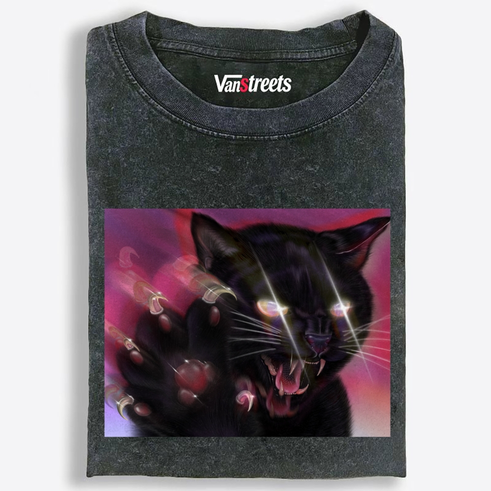 Sharp Claws Glowing Eye Black Cat Retro Washed T-Shirt | 100% Cotton | Streetwear Essential
