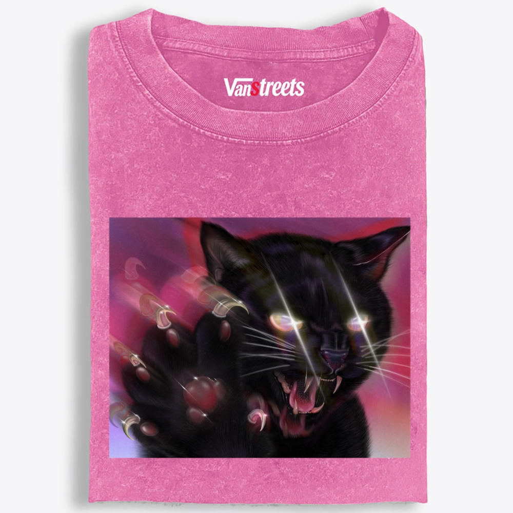 Sharp Claws Glowing Eye Black Cat Retro Washed T-Shirt | 100% Cotton | Streetwear Essential