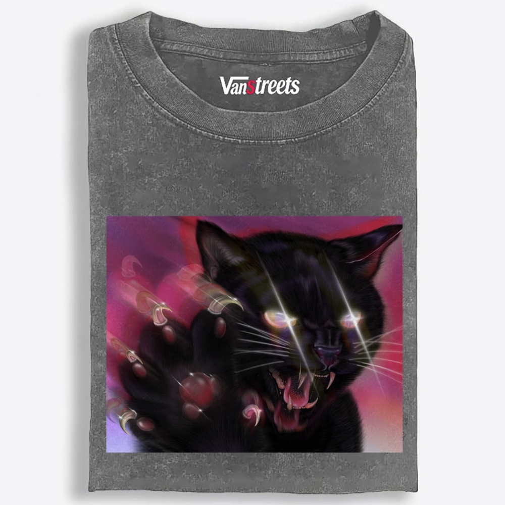 Sharp Claws Glowing Eye Black Cat Retro Washed T-Shirt | 100% Cotton | Streetwear Essential