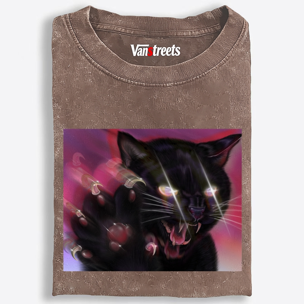 Sharp Claws Glowing Eye Black Cat Retro Washed T-Shirt | 100% Cotton | Streetwear Essential