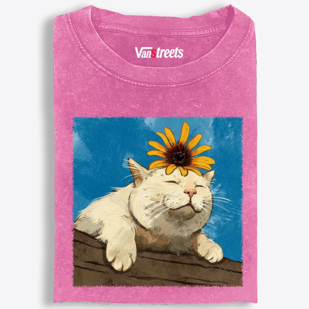 Chill Cat With Sunflower On Head Retro Washed T-Shirt | 100% Cotton | Streetwear Essential